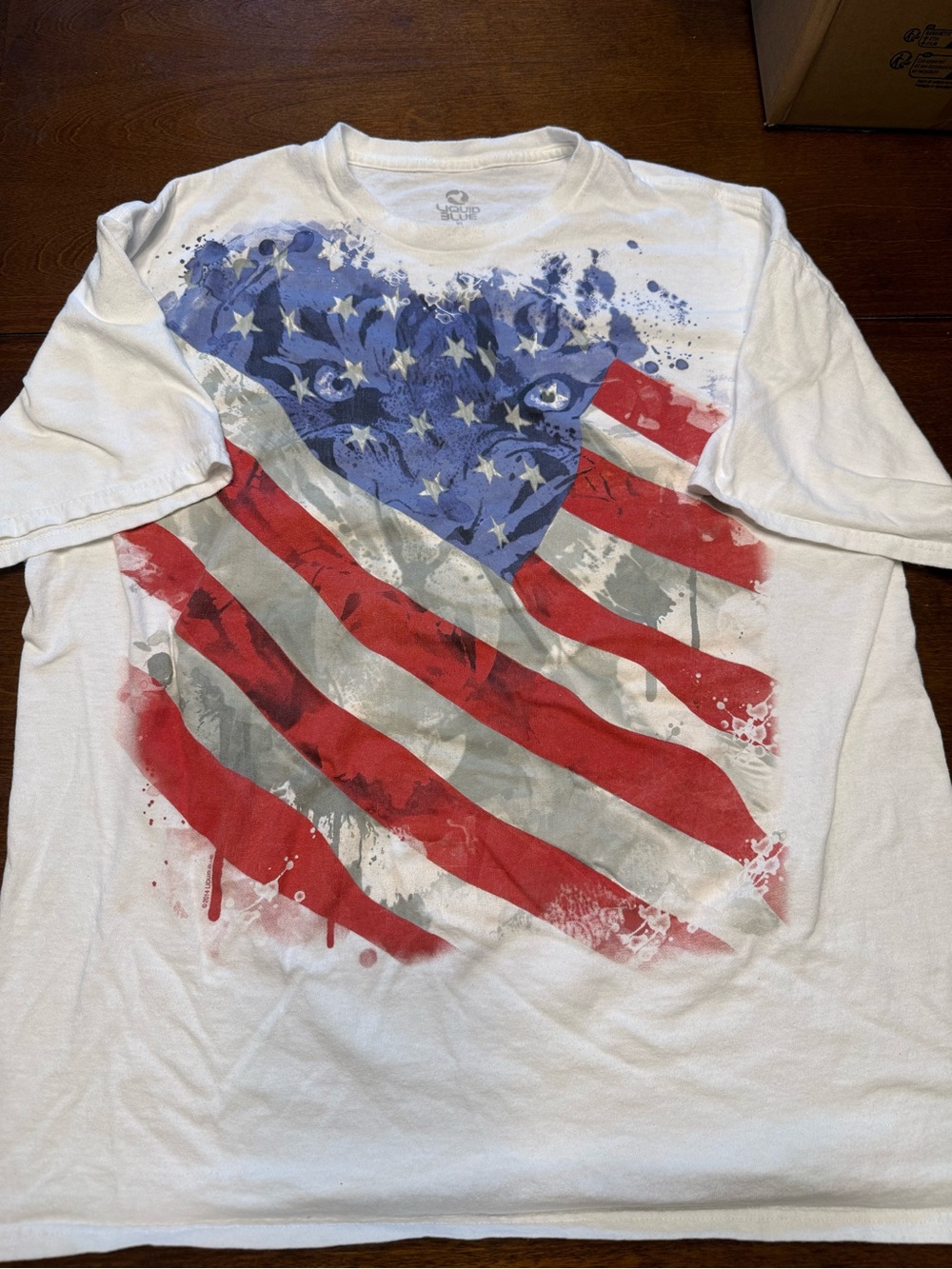 VTG Liquid Blue American Flag Tiger Short Sleeve T-Shirt Men's XL 2014 White